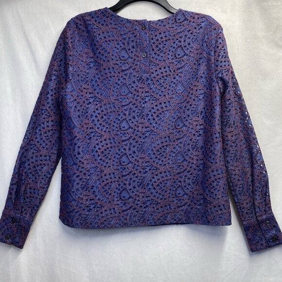 Banana Republic Lace Overlay Long Sleeve Round Neck Blouse Women Small Blue New - Picture 12 of 16